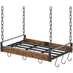 Creso hom Hanging Pot Rack, Pot Hangers for Kitchen with 12 S-Shaped Hooks, Vintage Ceiling Mounted Pan Holder with Raised Edges for Cookware Storage, 24x13 Inch, Rustic Brown and Classic Black