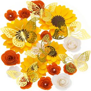Nezyo 30 Pack Flower and Butterfly DIY Decorations Set 18 Pcs Flower Heads 12 Pcs 3D Butterfly Flat Back Roses Yellow Sunflower Heads for Grad Hats Wedding Baby Shower Home Decor(Yellow, Orange)