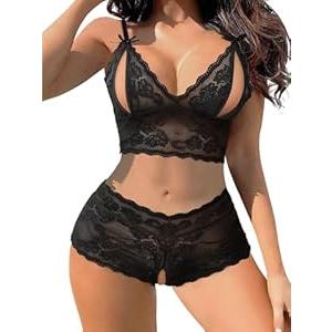 Lilosy Sexy Cupless Crotchless Women Floral Lace Pajamas Lingerie Set High Waist Sheer Sleepwear See Through Nightwear Bow Ties Cami Shorts Bra and Panty 2 Piece Black Medium