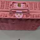 Mini Wicker Picnic Basket, Decorative Prop Suitcase Vintage Storage Hamper Makeup Organizer, 11.5" Metal Lock Rattan Storage Box with Handles for Sundries Travel Camping and Outdoor Party (Pink, L)