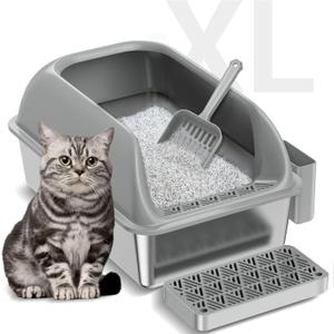 Stainless Steel Litter Box with Lid, XL Extra Large Metal Cat Litter Box for Big Cats, High Sided Design with Scoop & Pedal, Non-Stick, Anti-Leak, Easy to Clean-Light Grey (1_Pack)