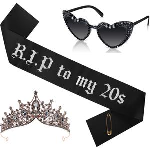 Rip To My 20s Sash And Crown with Sunglasses Set Black Birthday Sash Bronze Gold Crown Birthday Party Accessories for Women 30th Birthdays Glitter Party Favors (Sash&Crown&Sunglasses)