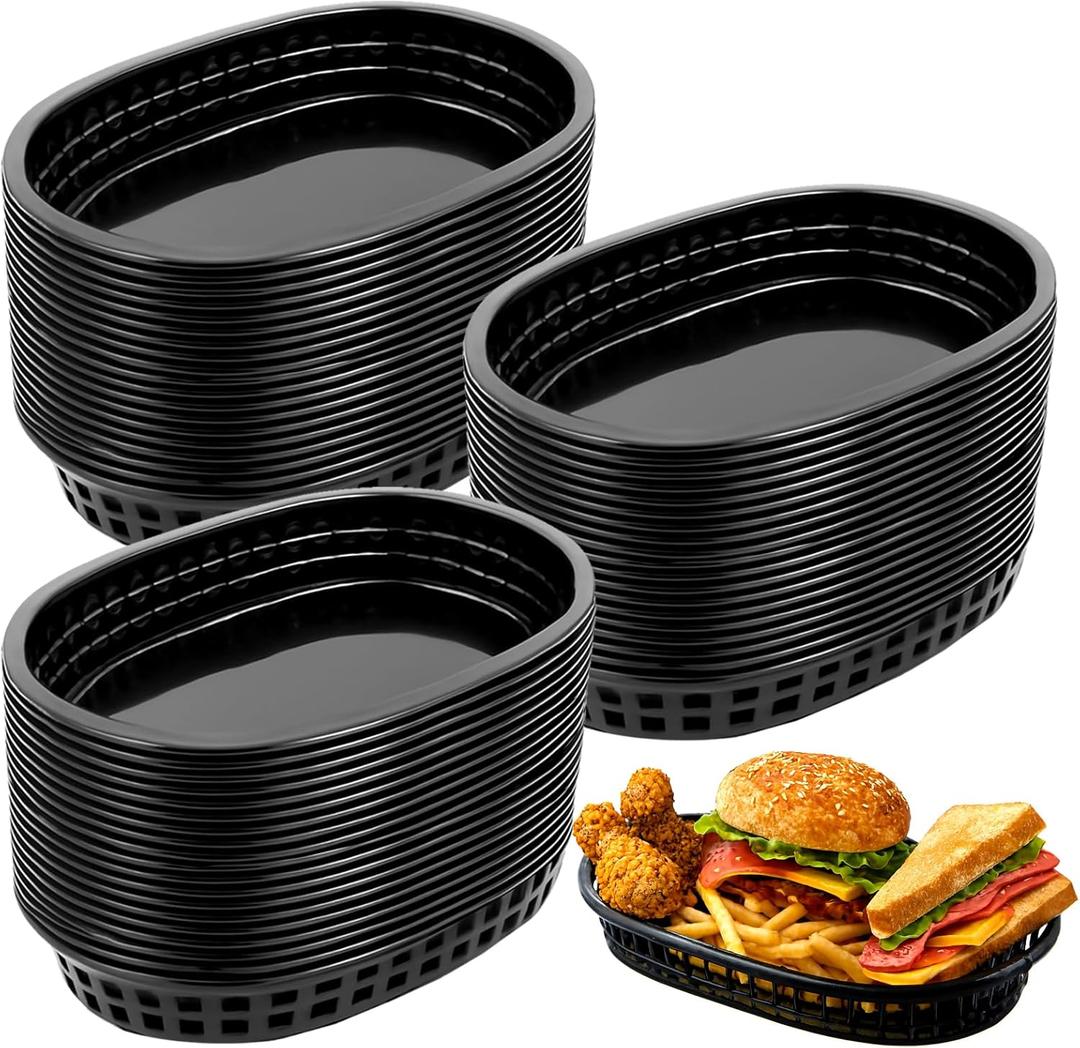 100 Pack Fast Food Baskets, 10.5 x 7 Inch Black Restaurant Tray Plastic Food Serving Baskets Bulk for Deli Serving, Chicken, Burgers, Picnics, Parties (100)