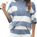 Women’s 2 Piece Striped Workout Set Oversized Zip Up Tee and Wide Leg Shorts Athletic Lounge Shirt and Shorts, Blue, L