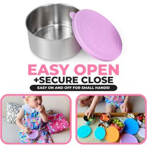 Stainless Steel Snack Boxes with Silicone Lids for Kids, Lunch Box Containers for Girls Toddler Daycare No-Spill Leakproof, Reusable Metal Cups, School Travel Food Storage, Pink Purple Unicorn