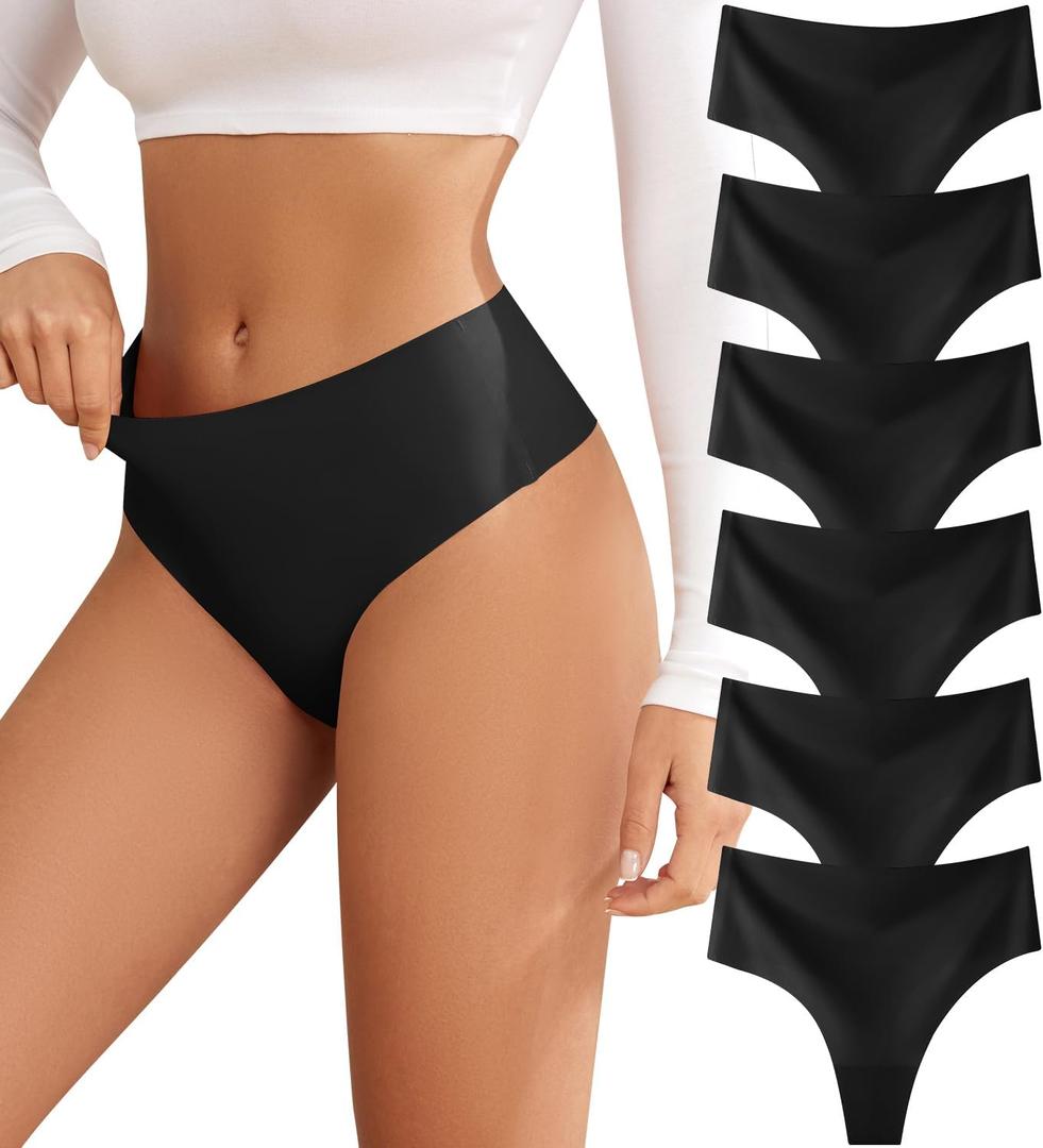 oshkang Thongs for Womens High Waisted Seamless for Women Underwear Sexy Breathable Panties 6 Pack (Black, XL)