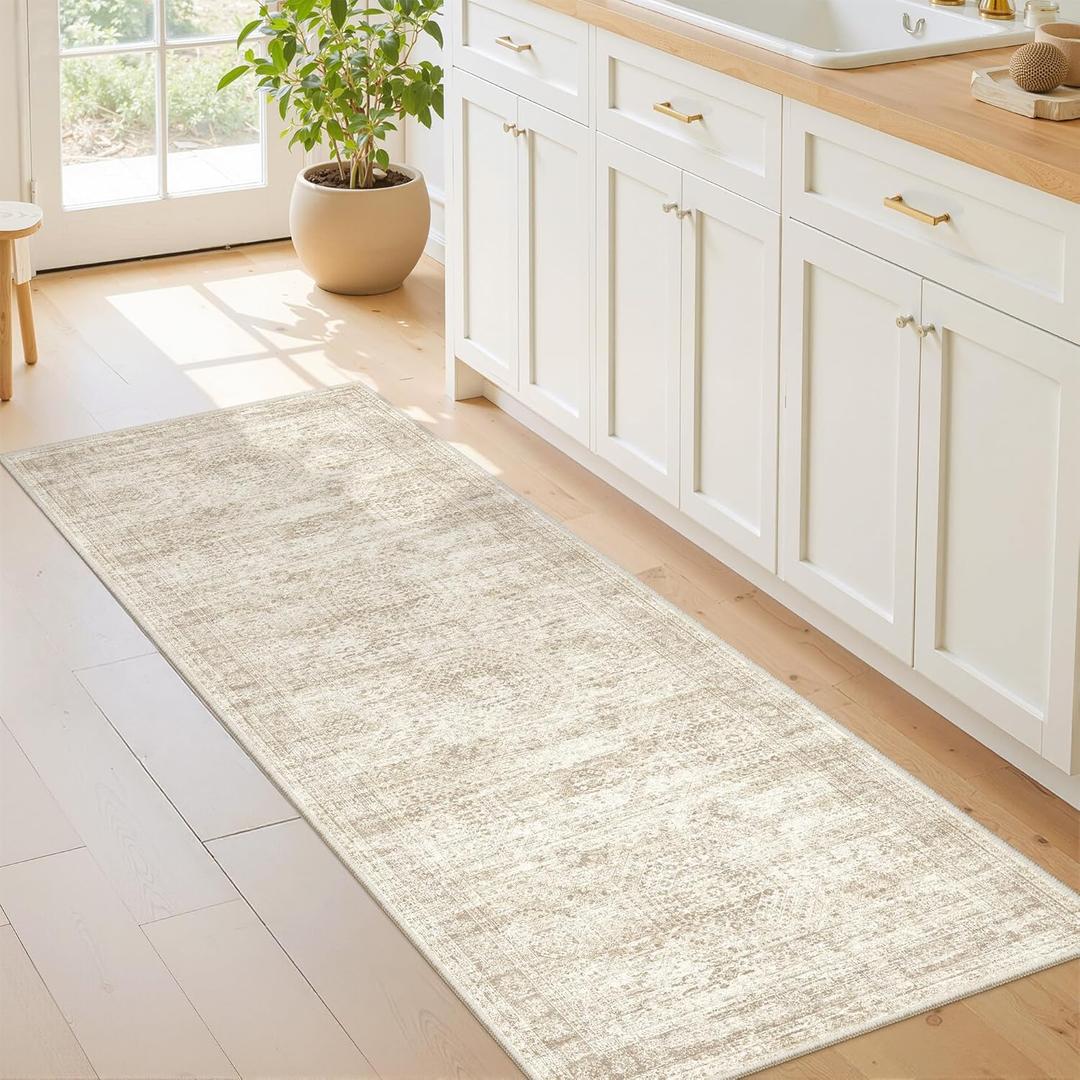 2x5 Rug Runner Washable for Entryway, Soft Bathroom Rugs with Non-Slip Backing, Abstract Low Pile Hallway Runner, Vintage Small Kitchen Carpet for Stair, Laundry Room(2'x5', Beige/Ivory)