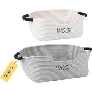 2 Pack Dog Toy Baskets,Pet Rope Basket for Dog Cat Toys,Dog Toy Bin with Handles,Woof Puppy Toy Storage Basket,Puppy Bed,Dog Stuff Organizer for Toys,Collar,Leash,Nursing Supplies-Beige+Gray