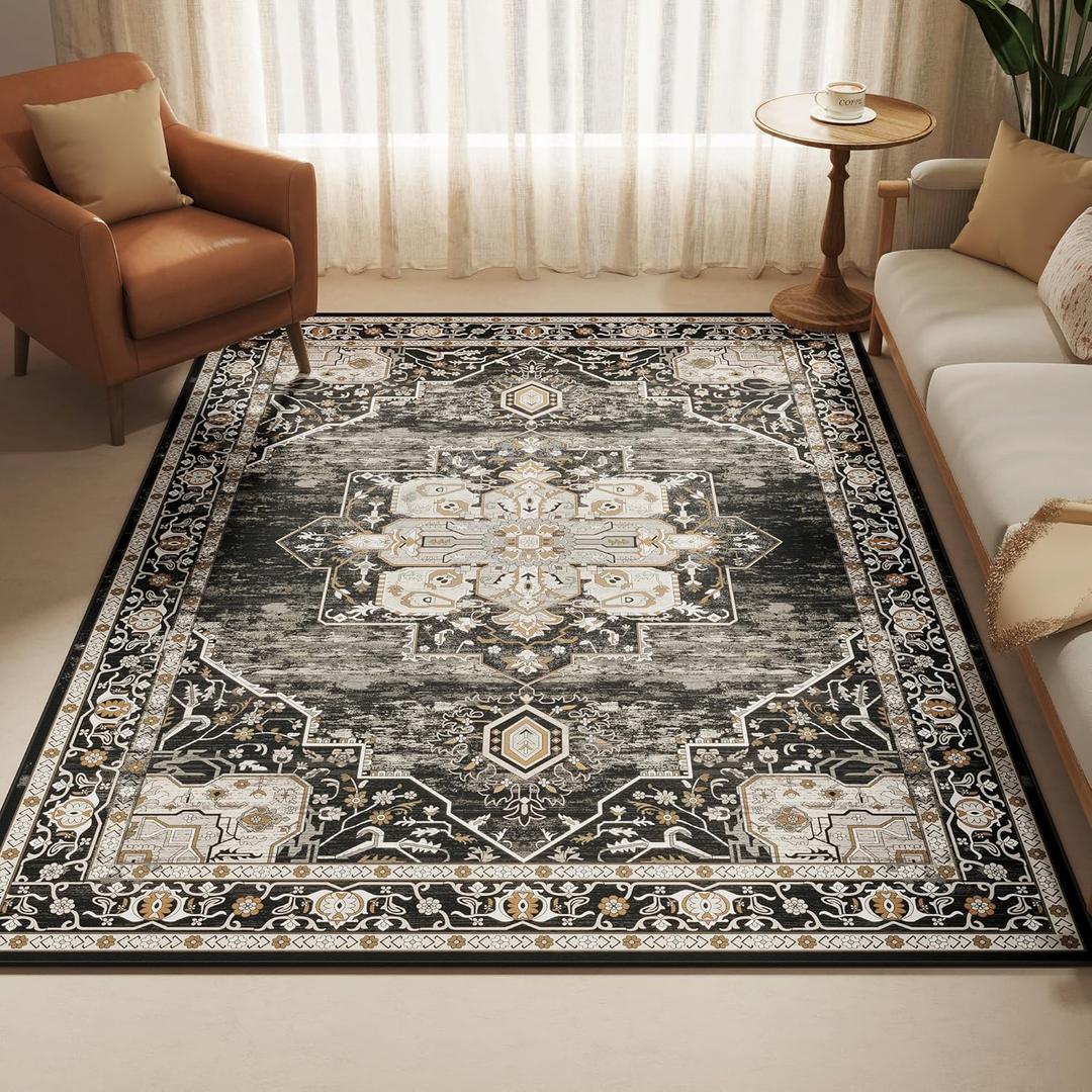 ARKIKI 5x7 Washable Area Rug for Living Room, Non-Slip Soft Boho Vintage Medallion Carpet, Low Pile Distressed Rugs for Bedroom, Dining Room, Home Office, Dorm, Indoor Decor, Black Gold