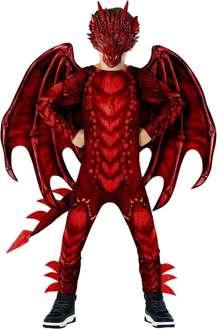 Morph Red Dragon Costume for Kids, Boys Halloween Dragon Costume with Wings, Fun Dress-Up for Parties and Events (Medium)