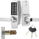 New Upgrade Mechanical Door Lock with Handle,Mechanical Push Button Lever Lock,Stainless Steel Mechanical Keyless Entry Door Lock with Key,Upgrade Adjustable Deadlatch 2-3/8'' and 2-3/4'' (Silver)