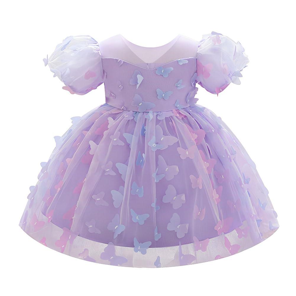 IDOPIP Toddler Baby Girls Rainbow Butterfly Tutu Dress Princess Butterfly 1st Birthday Party Dresses Pageant Tulle V-Back Flower Girl Wedding First Communion Gown Purple - 3D Butterfly 12-18 Months (Purple)