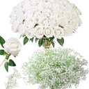 HyeFlora 35 PCS Artificial White Roses with 15 PCS Fake Baby Breath Realistic Fake Flowers Bouquet with Stem for DIY Wedding Party Home Decoration Vase Tables Centerpieces Arrangements Gift for Her