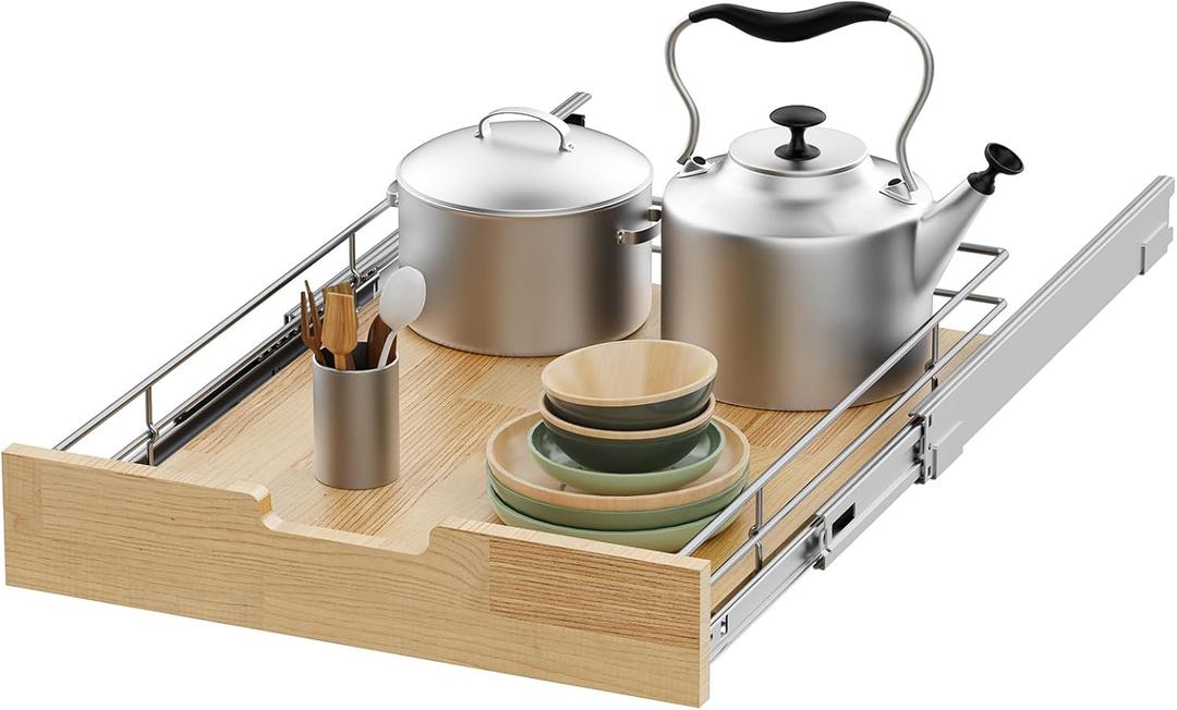 Pull Out Cabinet Organizer,Heavy-Duty Slide Out Shelf, Wood And Wire Basket, Pull Out Drawer for for Kitchen Under Sink Space, Pantry, Bathroom (26 * 21in -Wood and Wire)