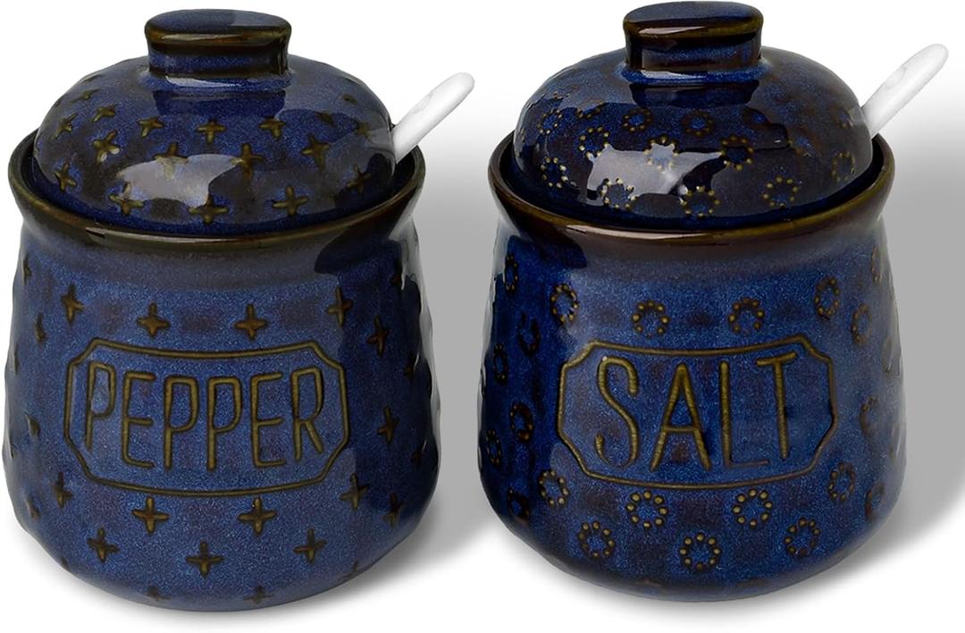 GDCZ 10 Oz Ceramic Salt and Pepper Bowls Set with Lid and Spoons, Seasoning Container, Dishwasher Safe, Set of 2 (Blue)