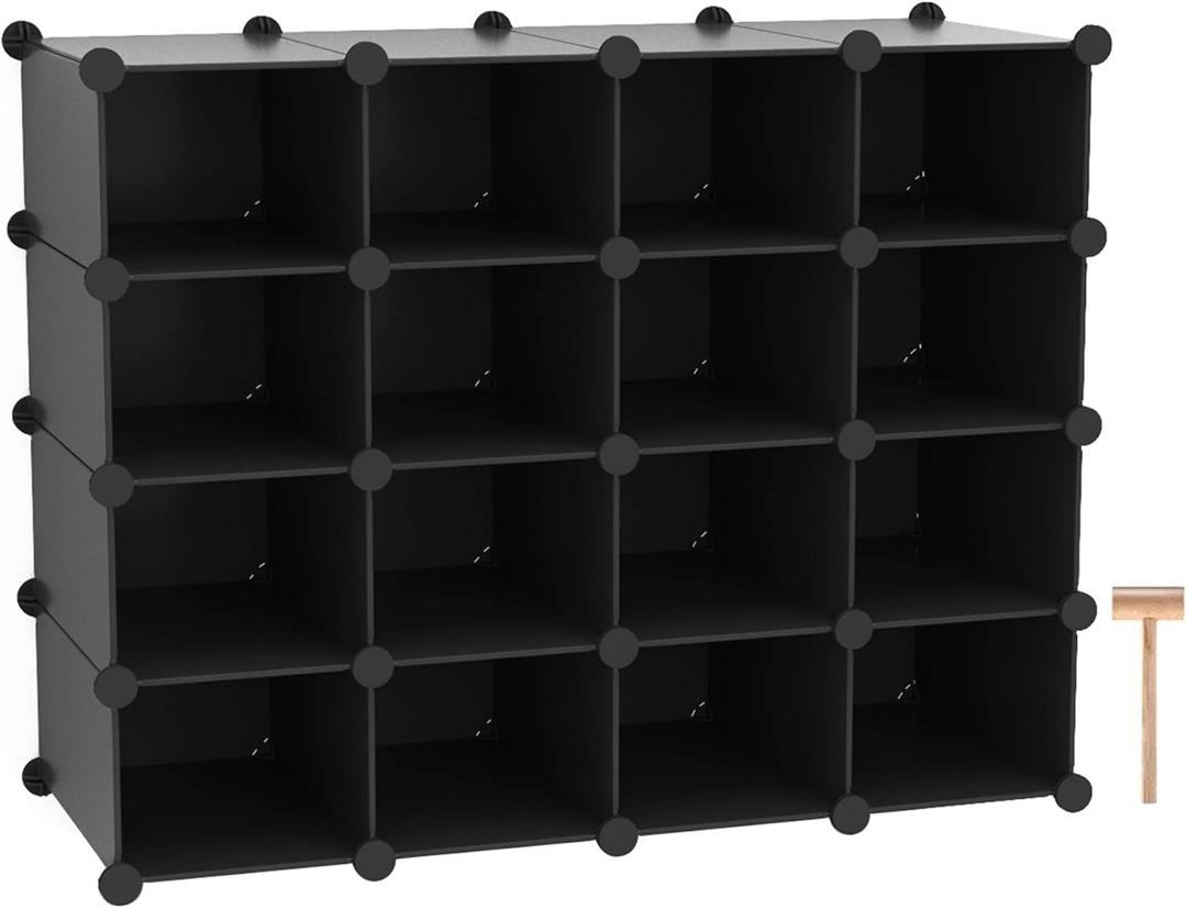 C&AHOME Plastic Shoe Rack,16-Cube Modular Shoes Storage Stand, Multifunction Closet Cabinet, Stackable Shoe Organizer Units for Bedroom Living Room Doorway, 36" L  14.2" W  28" H Black SRP15B