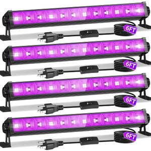 4 Pack 45W Black Light Bar with 6ft Cord+Switch, Each Light Up 25x25ft Area, LED Blacklight Flood Light for Neon Glow Party Body Paint Fluorescent Tapestry Poster Classroom Bedroom Halloween