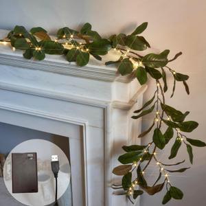 LITBLOOM Faux Magnolia Garland with Lights 6FT Battery Operated with Timer or USB Plug in, Lighted Greenery Garland with 80 Fairy Lights for Home Fireplace Mantle Holiday Decoration Inside, 80L Magnolia