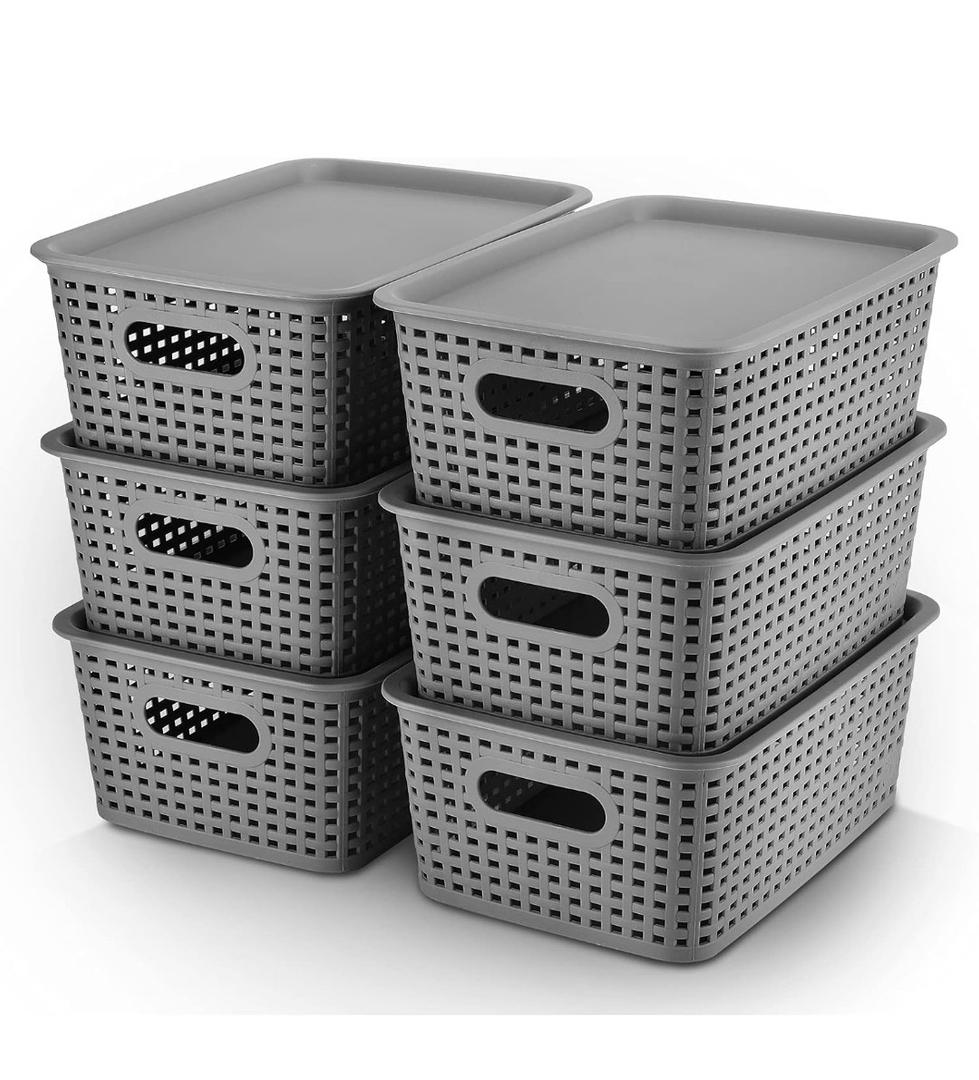 AREYZIN Plastic Storage Baskets Bins With Lid Organizing Container Lidded Knit Storage Organizer Bins for Shelves Drawers Desktop Closet Playroom Classroom Office, 6 Pack