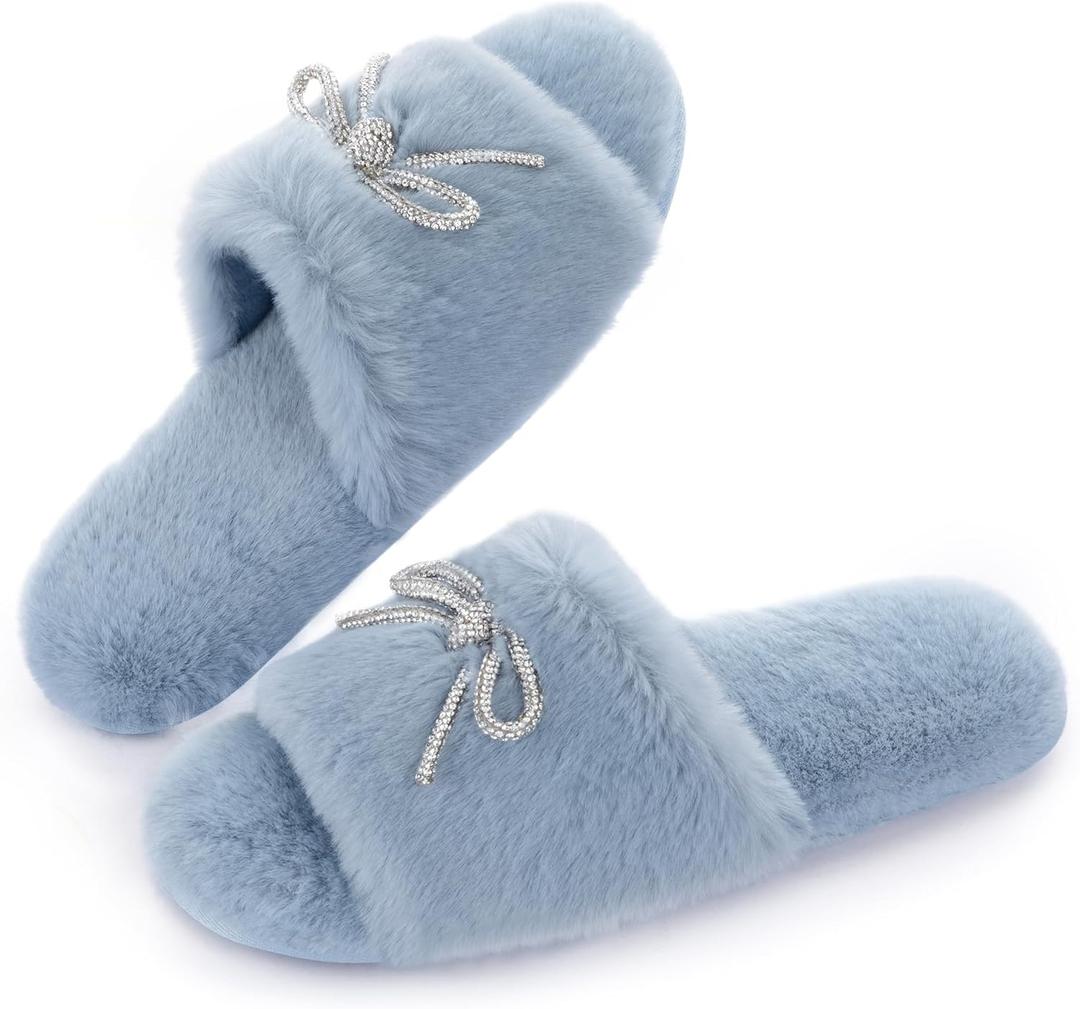 ULTRAIDEAS Women's Fuzzy House Slippers Fancy Open Toe Slides Slippers with Rhinestone Bowknot and Non Slip Sole (10, Blue)