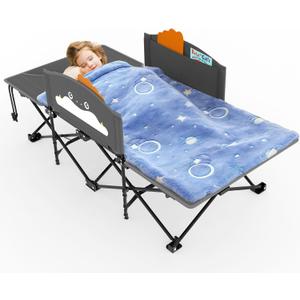 Slendor Toddle Cot, Toddler Portable Bed w/Cartoon Handrail, Blanket (5ft x 4ft), Folding Toddler Cots for Camping, Travel Bed, Extra Long Cot Length 56", Support 330 Lbs, Gray
