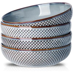 HVH 8.5 inch Large Pasta Bowls Set of 4, 46oz Big Salad Bowl Set of 4, Shallow Bowls, Ceramic Plates Set, Ceramic Bowls Set Microwave and Dishwasher Safe (Wabi sabi)