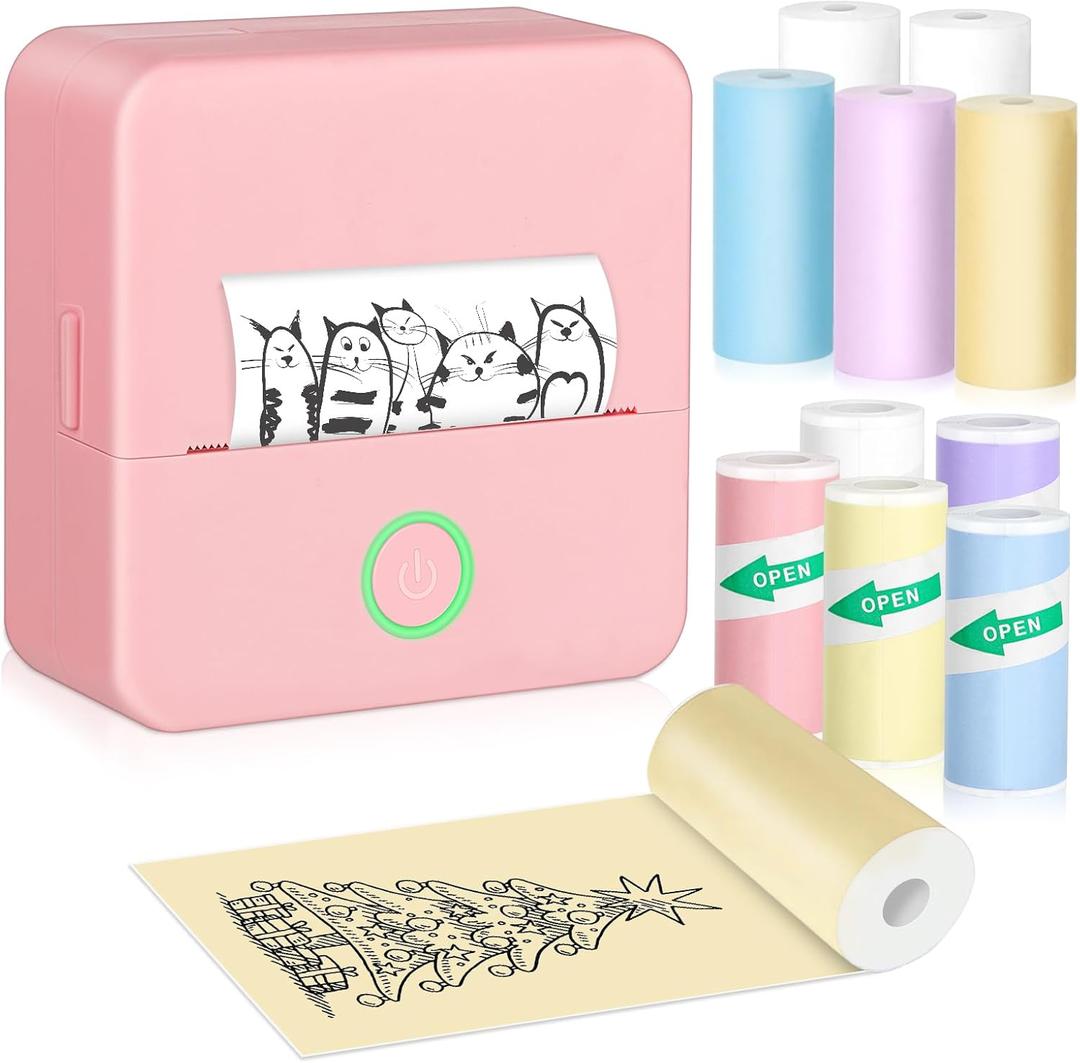 Sticker Printer, Portable Thermal Printer, Mini Printer with 10 Rolls Printing Paper, Sticker Printer Machine, Print Pods, for Photos, Journals, DIY, Compatible with Android & iOS