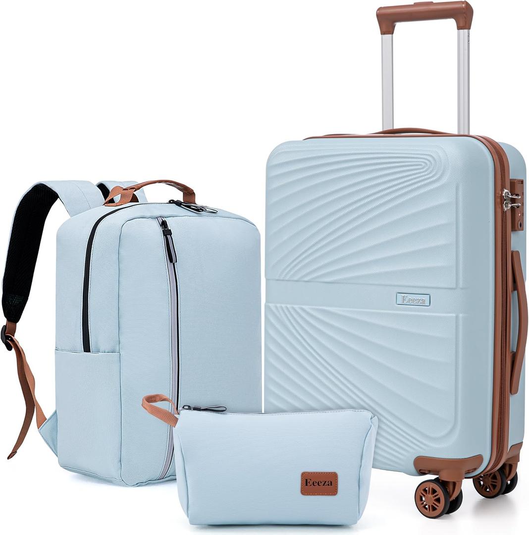 Eeeza Carry On Luggage Set Suitcase 3 Piece,Sky Blue(20"/BP/TB)