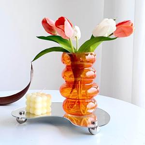 BLOFLO Transparent Glass Hydroponic Flower Vase, 7-Inch Orange Glass Vase, Four-Layer Geometric Glass Floral Vase for Home Dcor, Modern Bubble Glass Vase for Home Office Wedding Table (Orange)