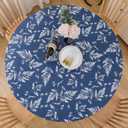Pioggia Round Vinyl Fitted Tablecloth with Flannel Backing Elastic Table Cloth Waterproof Oil-Proof Plastic Table Cover Best for 45"-56" Round (Blue Leaves Pattern)