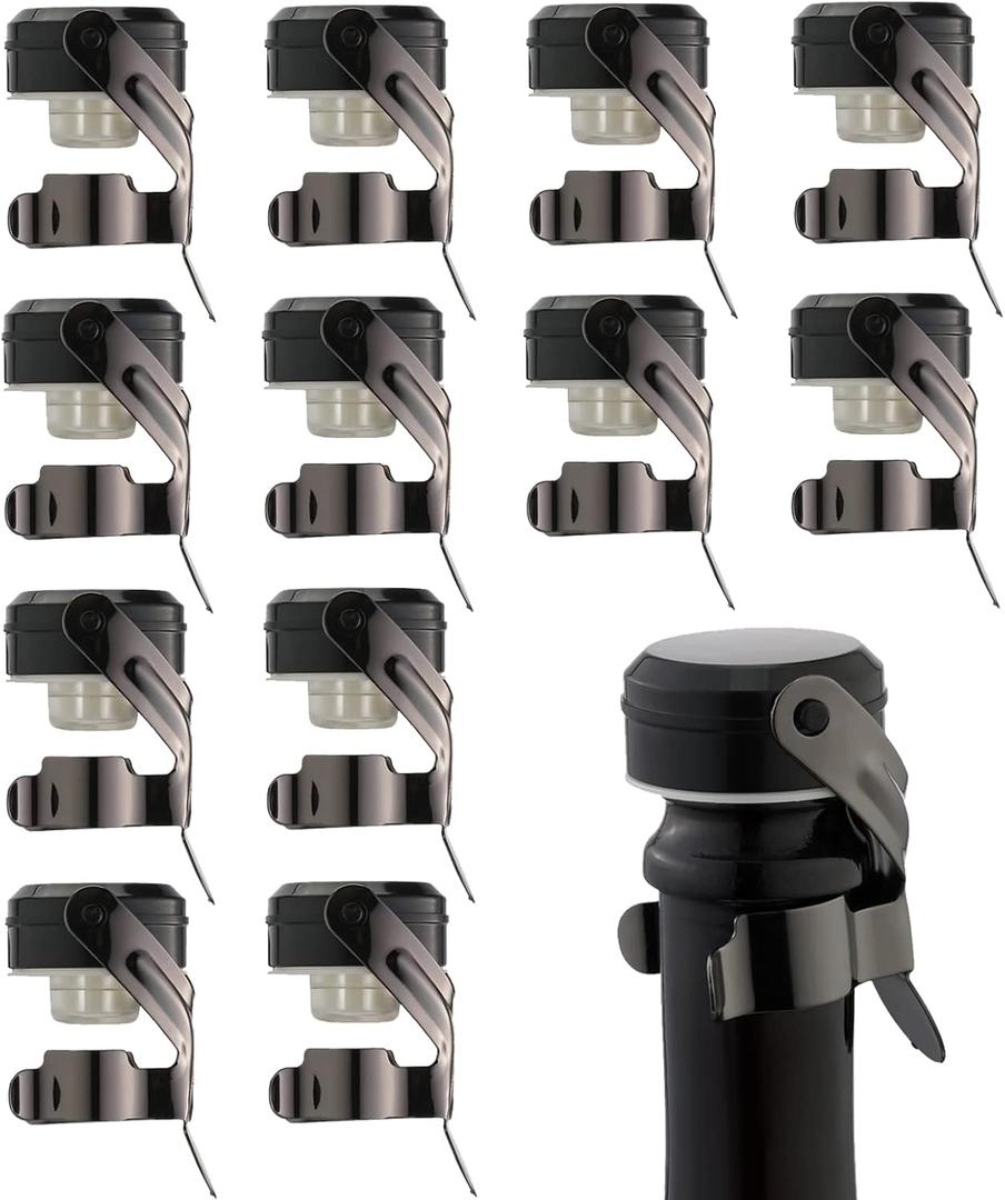 WOTOR  Bottle Stoppers Stainless Steel with Food Grade Silicone, Leak Proof Keep Fresh Reusable Saver, Cork Suitable (12 Pack Black