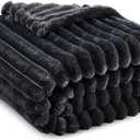Super Soft Queen Blanket for Bed, Premium Silky Flannel Fleece with 3D Striped Jacquard Design, Lightweight and Cozy for Living Room, and All-Season Use, 90x90 Inches.Dark Grey