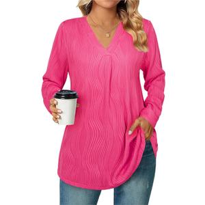 Womens 3 4 Sleeve Blouse Long Sleeve Business Casual Tunic Tops V Neck Work Tops Textured Dressy Casual Shirts Rose Red X-Large