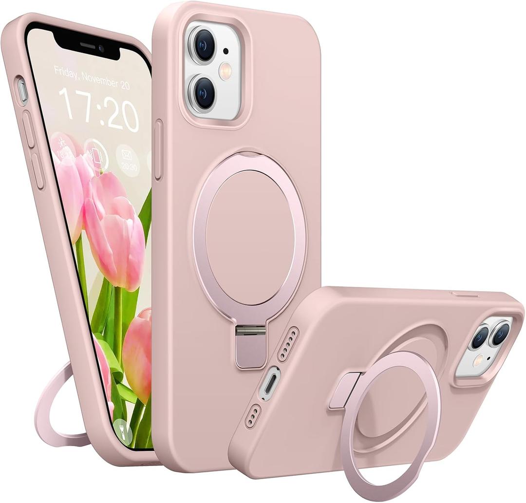 Soft Liquid Silicone Case for iPhone 12/12 Pro with Magnetic Invisible Stand, Military Grade Shockproof Protection, Anti-Scratch Microfiber Lining Covers for iPhone 12/12 Pro, Pink