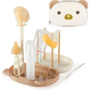 VOOWO Baby Bottle Brush & Drying Rack, Travel Bottle Cleaner Kit, Silicone Nipple & Straw Cleaner (White)