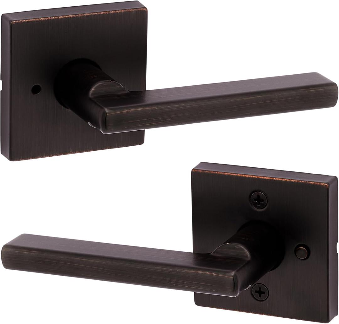 Kwikset Halifax Interior Privacy Door Handle with Lock, Door Lever For Bathroom and Bedroom, Venetian Bronze Reversible Keyless Push Button Lock Door Lever, with Microban Protection, Square Rose