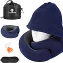Travel Pillow - Hooded Neck Pillow Airplane Memory Foam Filling for Plane, Office, Cars Sleeping, Road Trip, Long Flights, Airplane Travel Essentials, Includes Eye Mask & Earplugs (Navy)