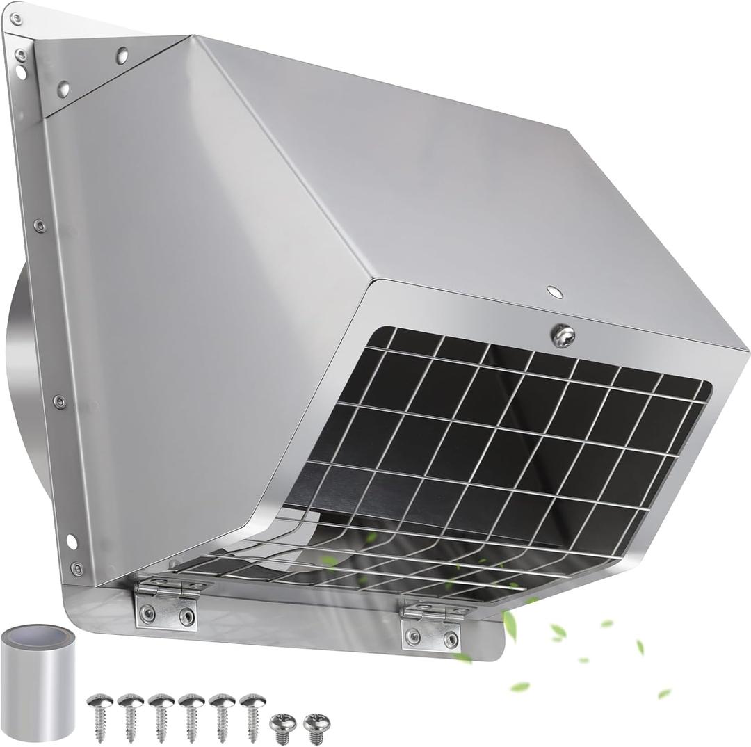 Dryer Vent Cover Outside 6 Inch Wall Vent, 304 Stainless Steel Exhaust Vent Cover, External Extractor Wall Vent Cap with Mesh & Cushioned Flap, Exterior Vent Hood Outlet Air Vent for Range Hood Duct HVAC