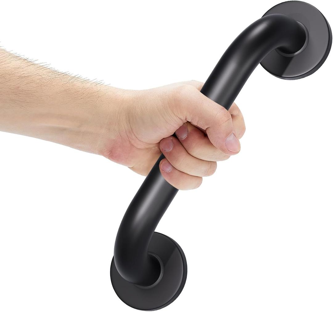 AmazerBath Shower Grab Bars for Seniors Anti Slip, Bath Safety Grab Bar for Needy, Stainless Steel Bathroom Safety Grab Bars, Thickened Bar Bigger Base Holds 500LBS, 12" L x 1.25" D, Black (12"L x 1.25"D, Matte Black)