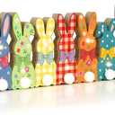 2 x Yquqwn Easter Table Decorations, Wooden Bunny Tabletop Decor with LED Lights, Wooden Bunny Sign with Plush Tail Vintage Plaid Style, for Easter Table Decor Spring Home Mantel Desk Office Party Decorations