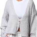 Milumia Women's Deep V Neck Fuzzy Cardigan Casual Drop Shoulder Long Sleeve Oversized Knitted Sweaters (Light Grey)
