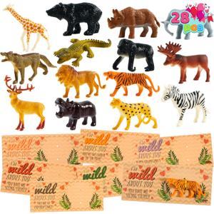 JOYIN 28-Pack Valentine's Day Gifts Cards with Zoo Animals Figures for Boys Girls, Greeting Cards for Classroom Exchange, Kids Party Favors, School Game Prize Toys