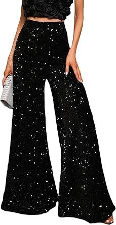 Women Sequin Pants Sparkly Glitter High Waisted Wide Leg Flare Trousers Bell Bottom Night Out Clubwear, Size XL