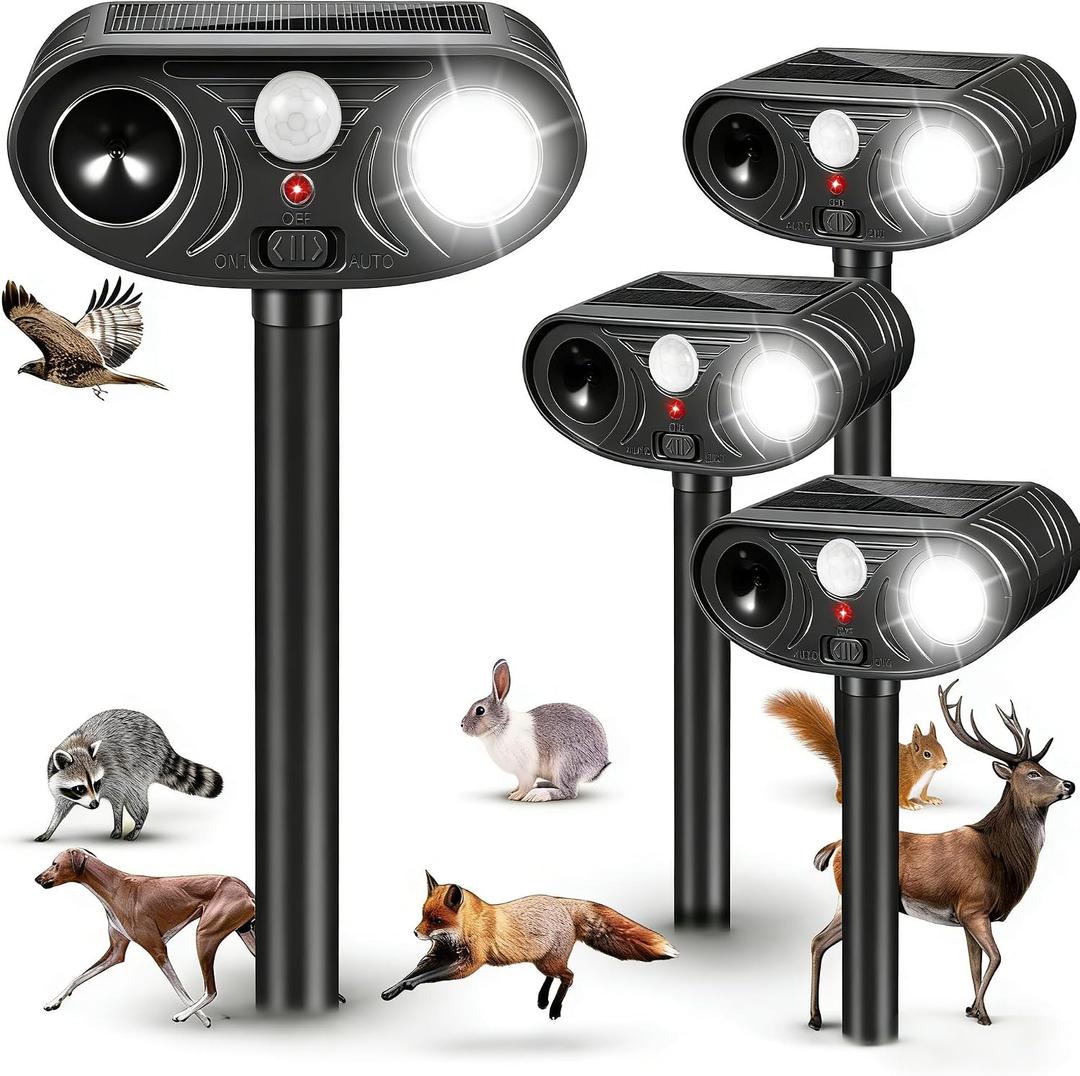 2026 Ultrasonic Solar Animal Repellent Outdoor 4 Pack,Sonic Fortress Pro Deer Repellent with Strobe Light, Waterproof Squirrel Cat Repellent Outdoor Rabbit Bird Raccoon Deterrent for Yard Garden Farm