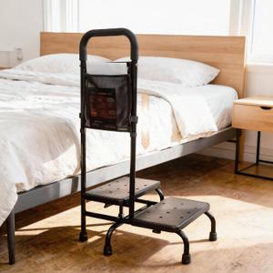 Two Step Stool with Handle for Elderly, 350 lbs Capacity, Heavy Duty Rv Steps with handrail Bed Step for High Beds, Adjustable 5-Level Handrail, Non-Slip Wide Steps, Non-Skid Feet