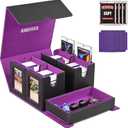 Kabinka Card Deck Box for MTG Commander, Holds 400+ Double-Sleeved Cards, 5 IN 1 Detachable Card Case with Dice Tray, Fits Magic/TCG Cards, 4 Magnetic Card Holders & Dividers (Black Purple)