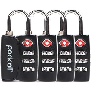 Pack all TSA Approved Luggage Lock, Inspection Indicator, Alloy Body, 3 Digit Combination Padlocks, Travel Lock for Suitcases & Bag, Travel Accessories (4 Pcs Black)
