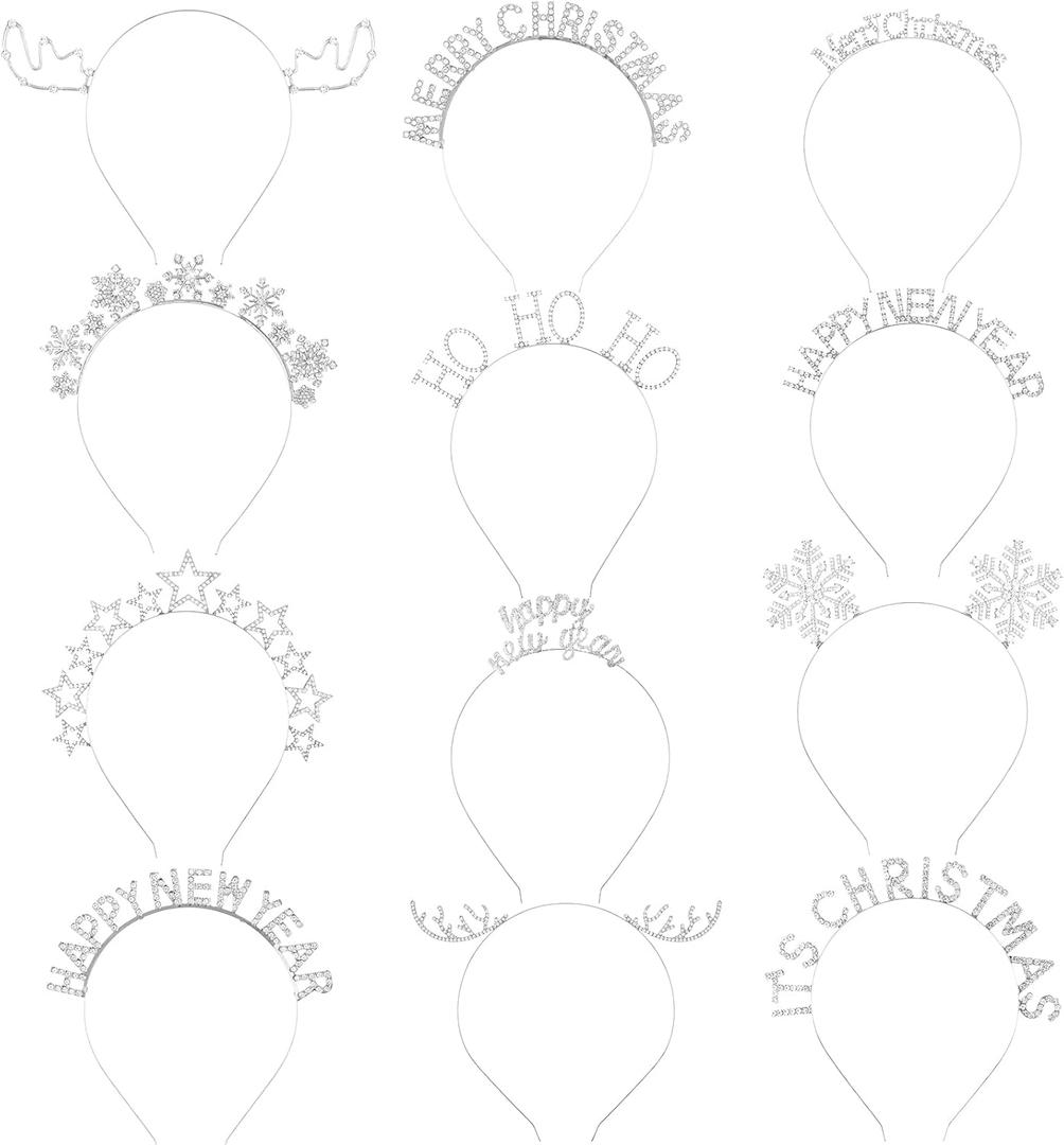Yunlly 12 Pcs Christmas Headbands Set Rhinestone Xmas Headbands Cute Reindeer Antler Snowflake Star Headpiece Christmas Happy New Year Holiday Party Accessories for Women Girls (Silver)