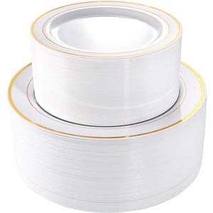 I00000 102 Pieces Gold Plastic Plates, Disposable Party Plates White Gold Rim, 51 Disposable Gold Dinner Plates 10.25 Inch and 51 Disposable Dessert Appetizer Elegant Fancy Wedding Plates 7.5 Inch