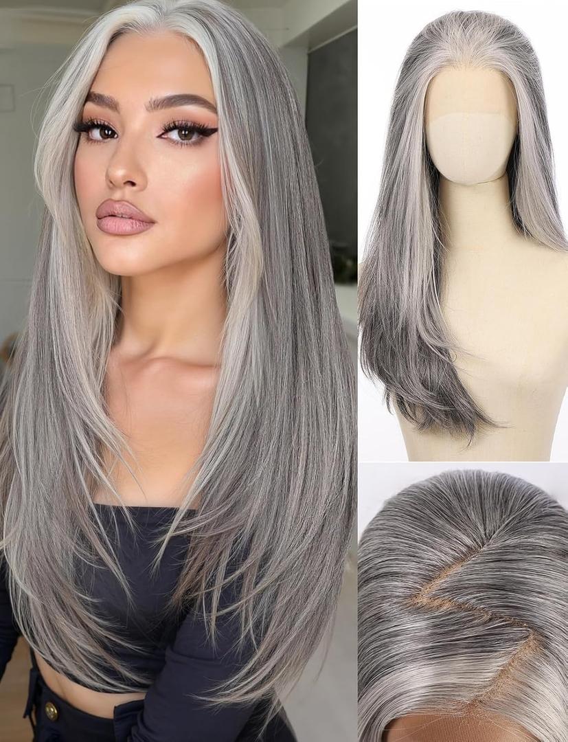 Straight 13x4 HD Lace Front Wig for Women, 26inch Heat Resistant Synthetic Hair Glueless Pre Plucked Straight Human Hair-Like Layered Wig with Realistic Scalp (Silver Gray Color)